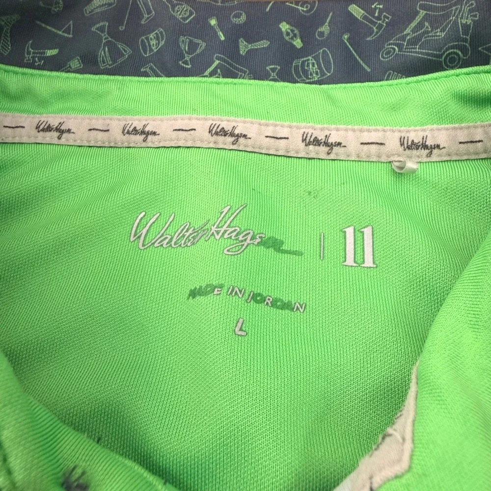 Walter Hagen Mens Navy Blue Lime Green Novelty Golf Print Polo Shirt Large